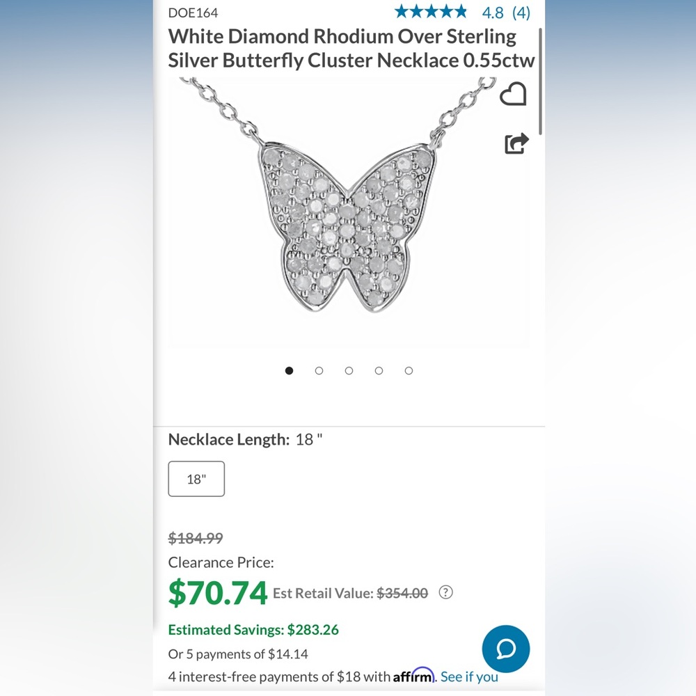JTV White Diamond Rhodium Over Sterling Silver Butterfly Cluster Necklace